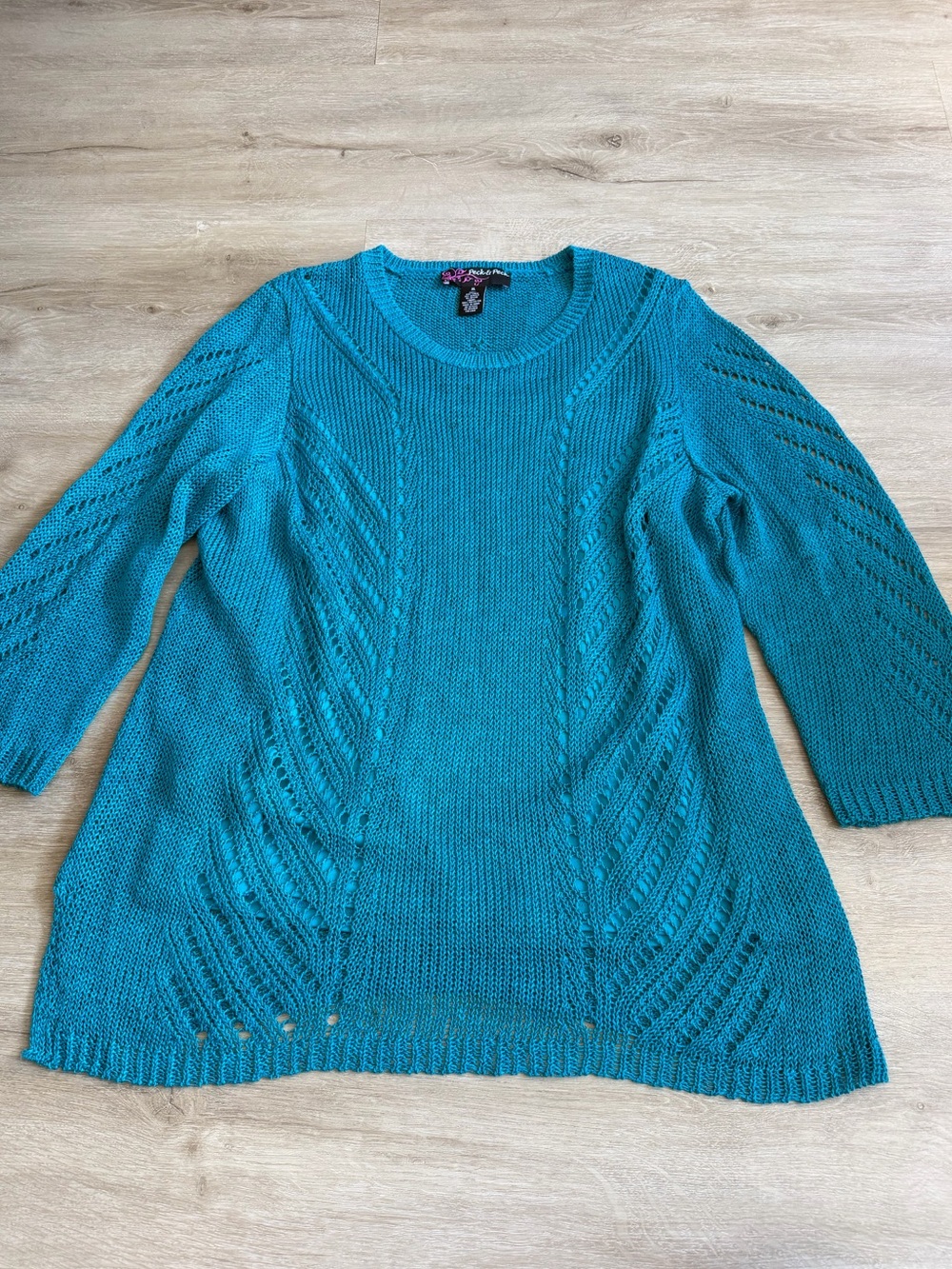 Peck & Peck Turquoise Linen Blend Crochet Knit Lined Sweater SZ XL